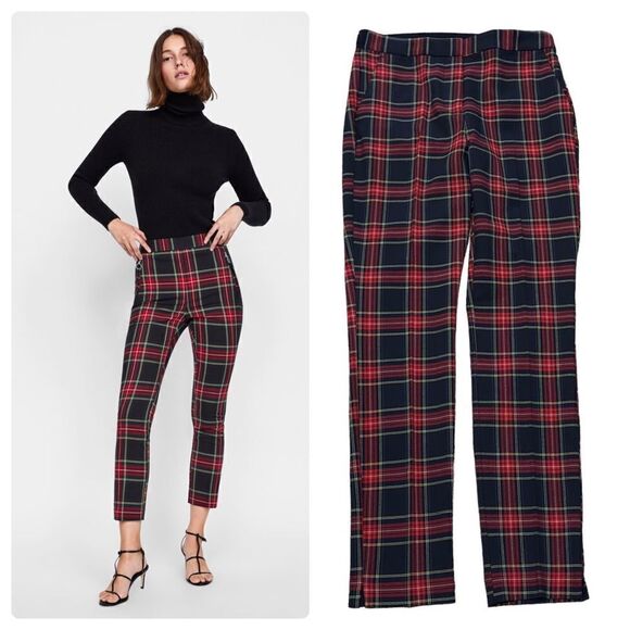 ZARA Red Navy Plaid Pants Size XSMALL - Picture 1 of 16